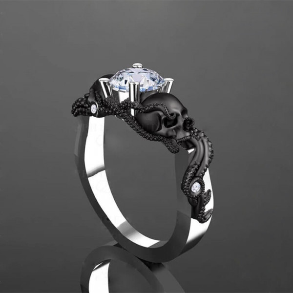 Round Cut 1ct White Sapphire Underworld Skull Engagement Ring