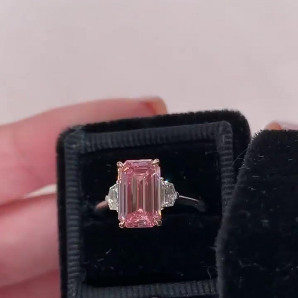 5ct Three-stone Fancy Pink Emerald Cut Lab-created Gemstone Ring