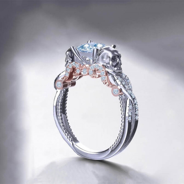 Round Cut White Sapphire 1ct Two-Tone Skull Ring