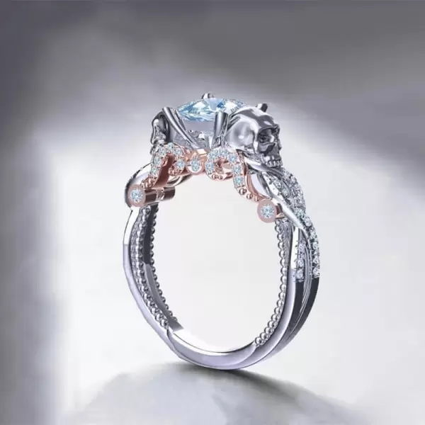 Round Cut White Sapphire 1ct Two-Tone Skull Ring