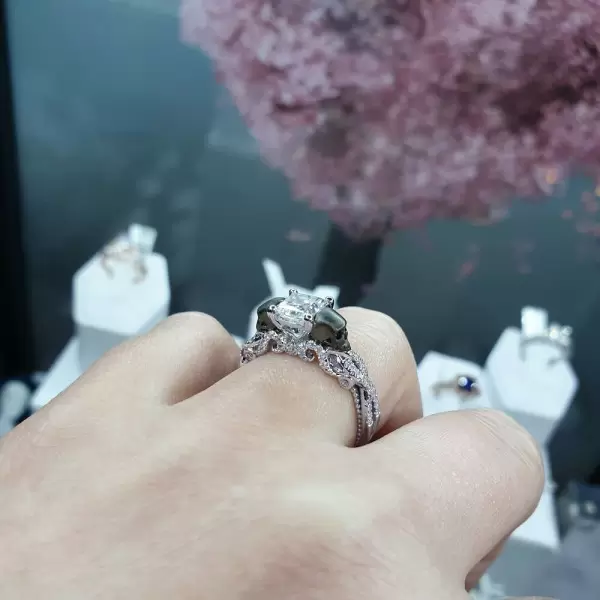 Round Cut White Sapphire 1ct Two-Tone Skull Ring