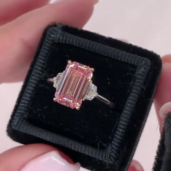 5ct Three-stone Fancy Pink Emerald Cut Lab-created Gemstone Ring