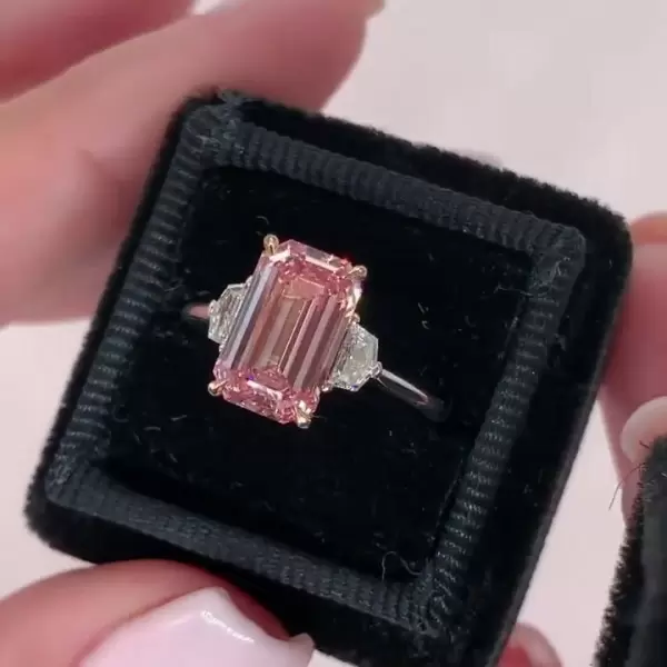 5ct Three-stone Fancy Pink Emerald Cut Lab-created Gemstone Ring