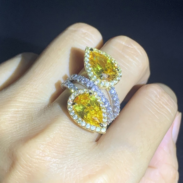 4ct Pear Cut Twin Yellow Sapphire Halo Engagement Ring