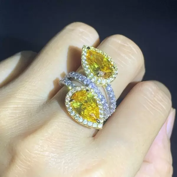 4ct Pear Cut Twin Yellow Sapphire Halo Engagement Ring
