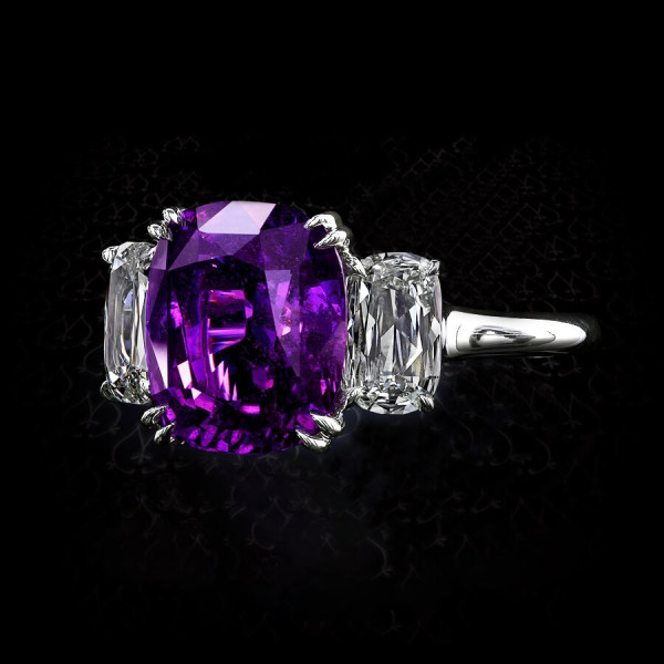 Cushion Cut Three Stone Amethyst 5.4 Carat Engagement Ring