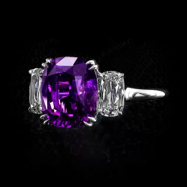 Cushion Cut Three Stone Amethyst 5.4 Carat Engagement Ring