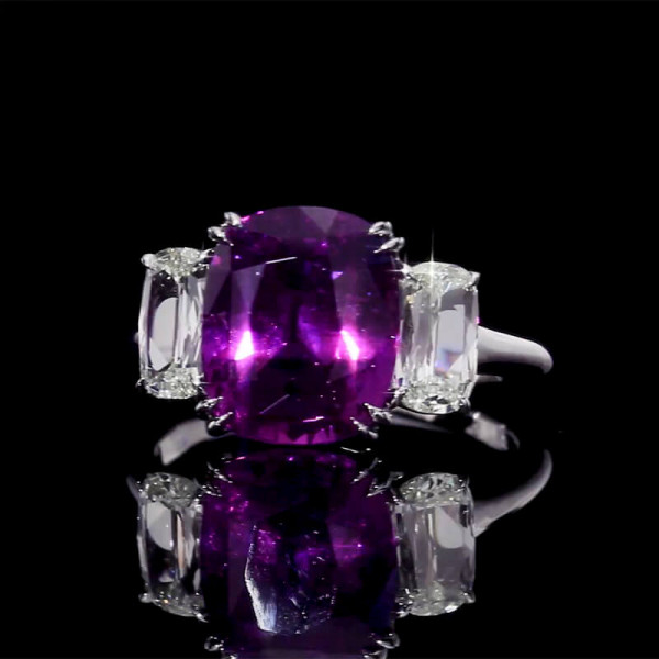 Cushion Cut Three Stone Amethyst 5.4 Carat Engagement Ring