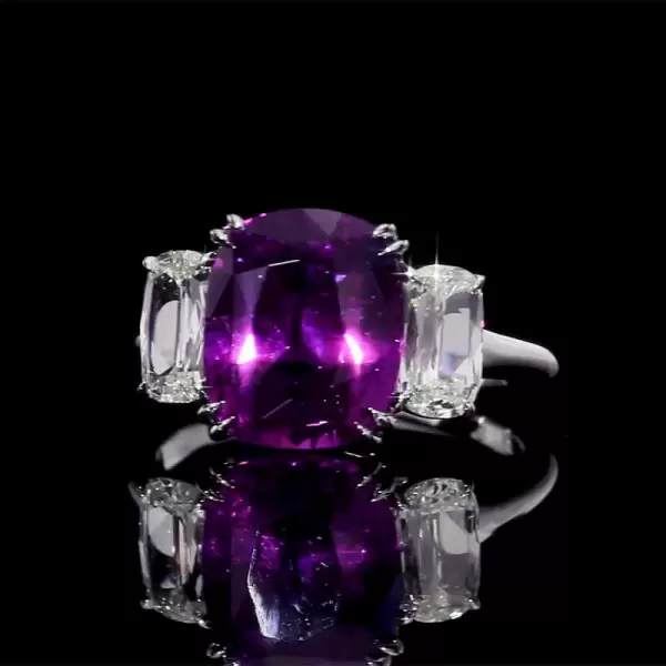 Cushion Cut Three Stone Amethyst 5.4 Carat Engagement Ring