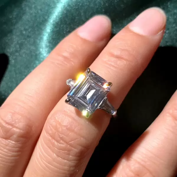4ct Emerald Cut White Sapphire Three Stone Engagement Ring