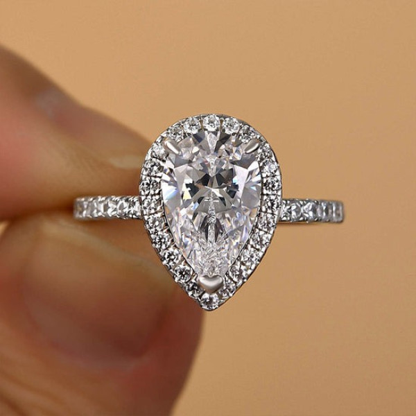2ct Pear Cut White Sapphire Classic Halo Engagement Ring