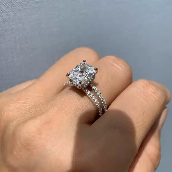 4ct Emerald Cut White Sapphire Double Band Engagement Ring
