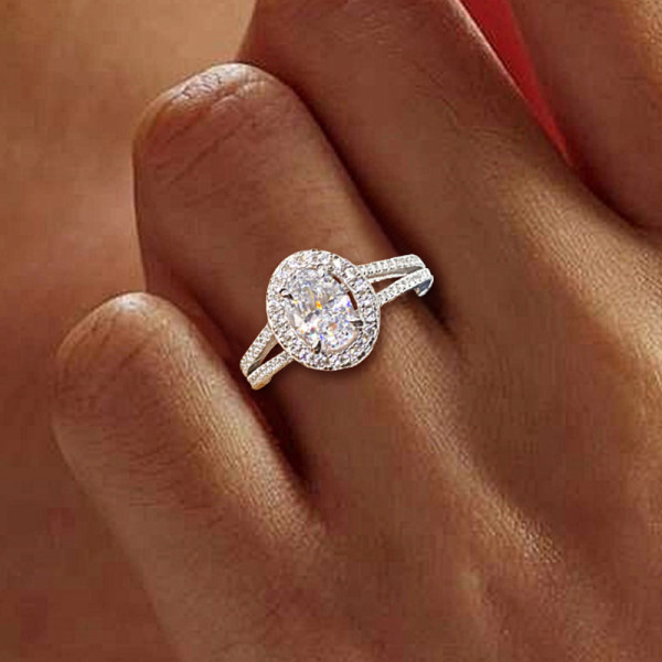 Halo Oval Cut White Sapphire Dainty Engagement Ring