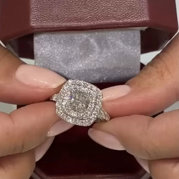 Sterling Silver Vintage Double Halo Cushion Shape Engagement Ring