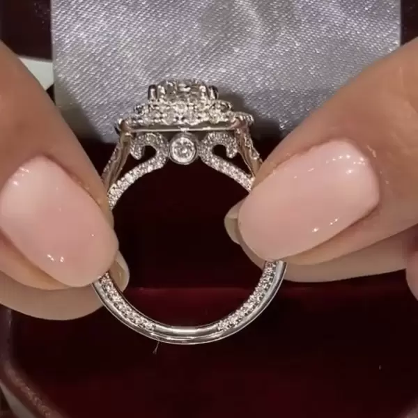 Sterling Silver Vintage Double Halo Cushion Shape Engagement Ring