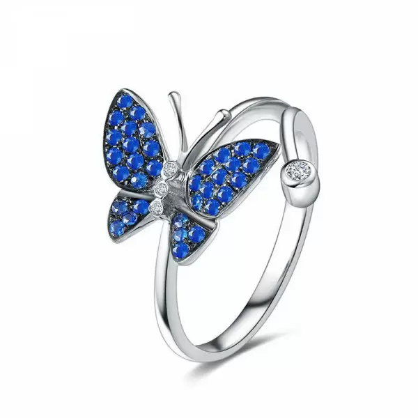 Butterfly Blue Sapphire Ring White Gold or Sterling Silver