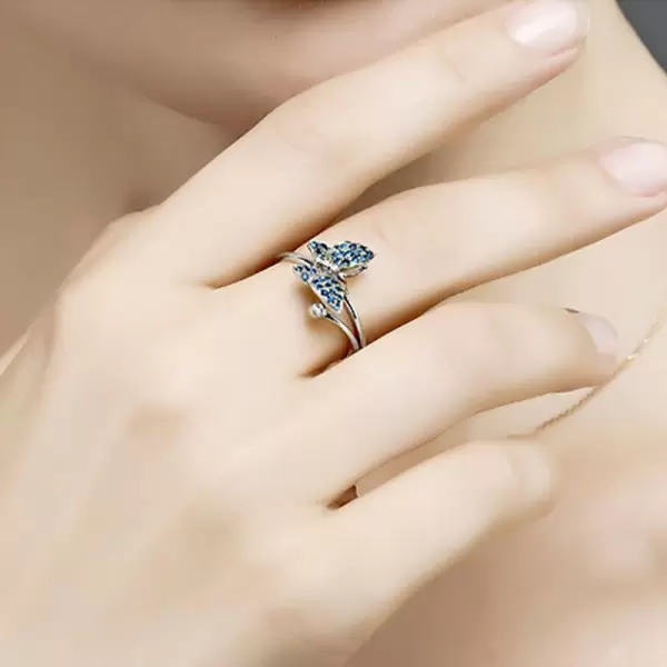 Butterfly Blue Sapphire Ring White Gold or Sterling Silver