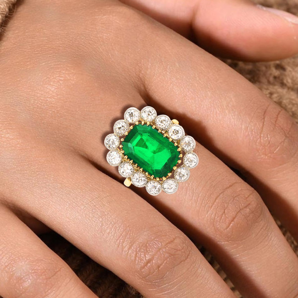 1ct Halo Emerald Cut Emerald Flower Engagement Ring