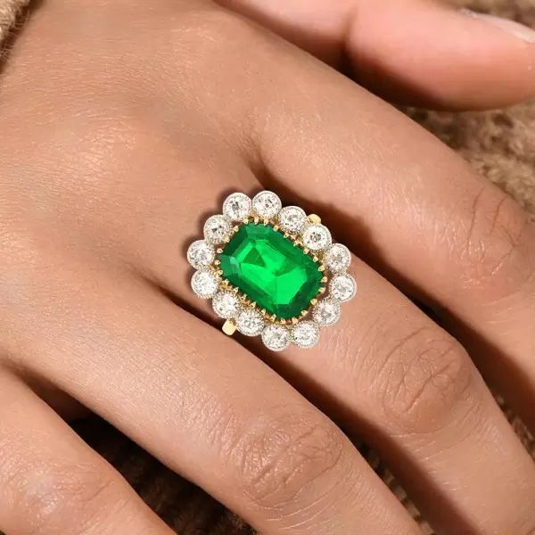 1ct Halo Emerald Cut Emerald Flower Engagement Ring