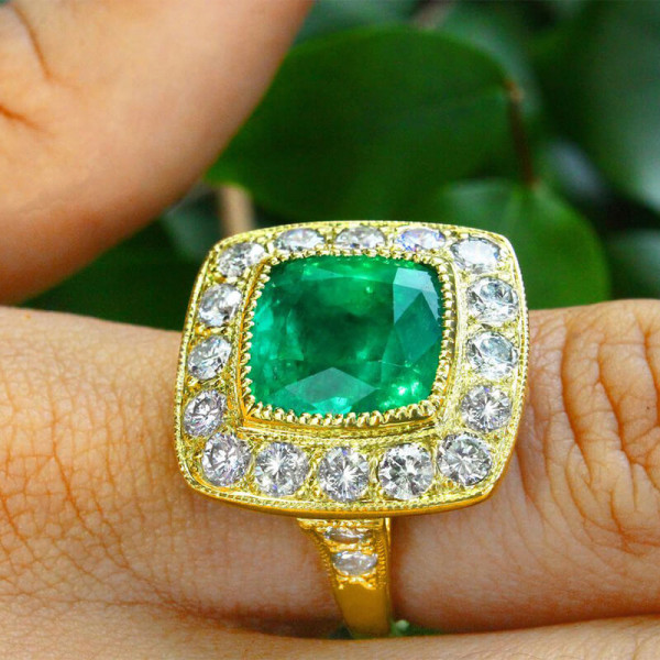 8 CT Cushion Cut Halo Emerald Engagement Ring