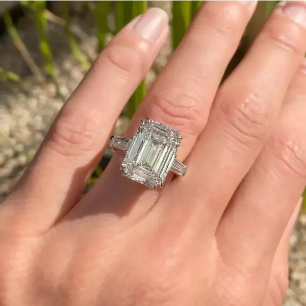 2.5ct Emerald Cut White Sapphire Three-Stone Engagement Ring