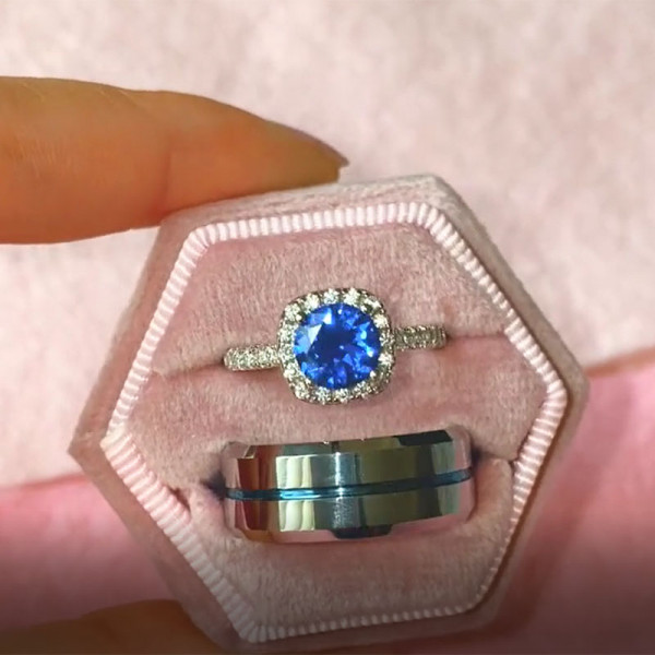 Round Cut Halo 2.0 CT Sapphire Matching Couples' Rings