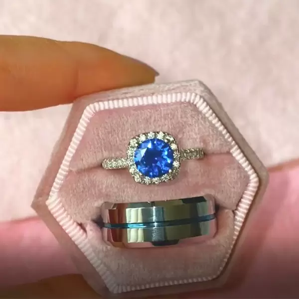 Round Cut Halo 2.0 CT Sapphire Matching Couples' Rings