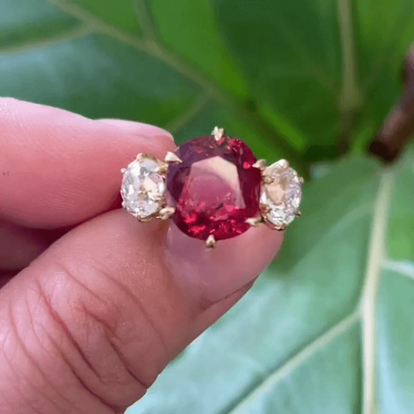 6ctw Cushion Cut Ruby Three-Stone Engagement Ring