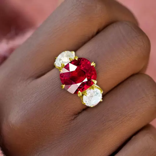 6ctw Cushion Cut Ruby Three-Stone Engagement Ring