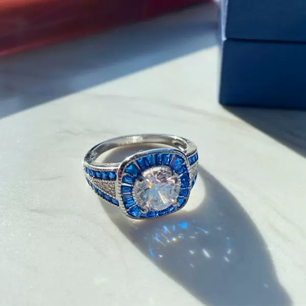 1.5ct Round Cut Sapphire Calibre Halo Vintage Engagement Ring
