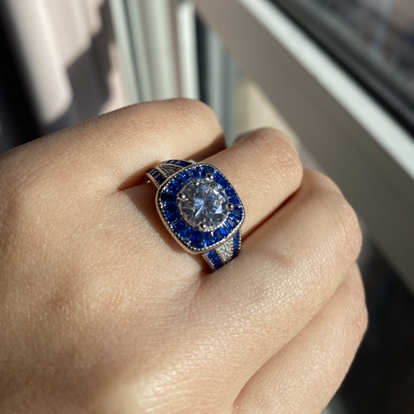1.5ct Round Cut Sapphire Calibre Halo Vintage Engagement Ring