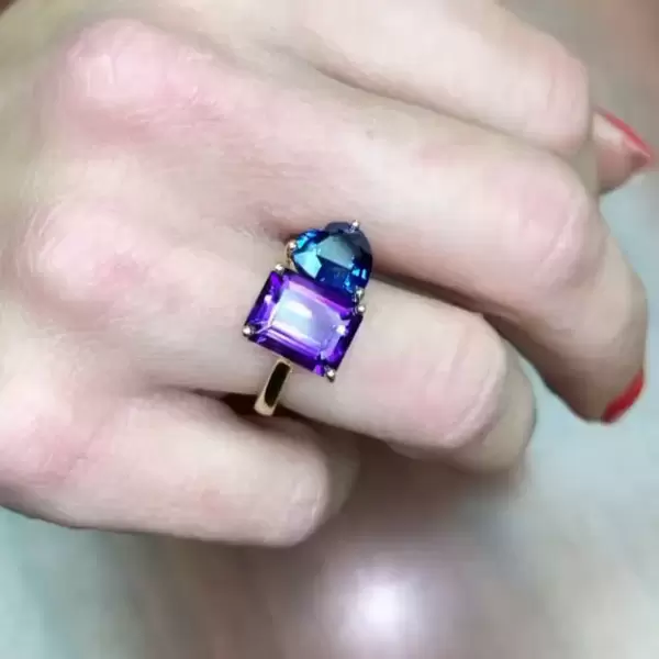 Handmade Sapphire Heart& Amethyst Twin Stone Ring 
