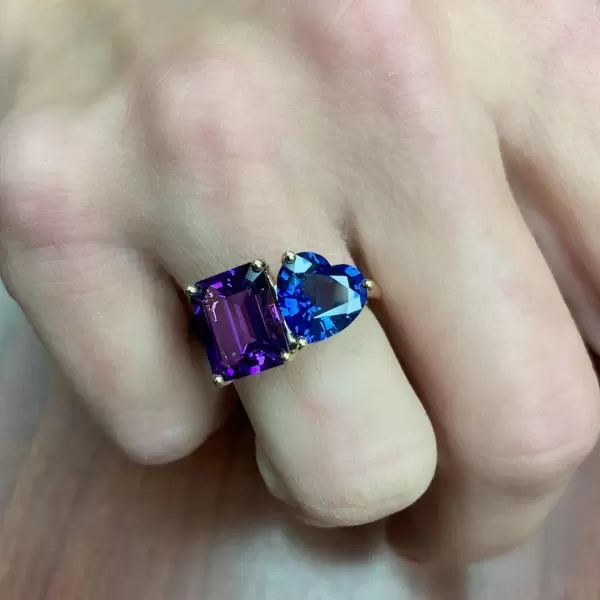 Handmade Sapphire Heart& Amethyst Twin Stone Ring 