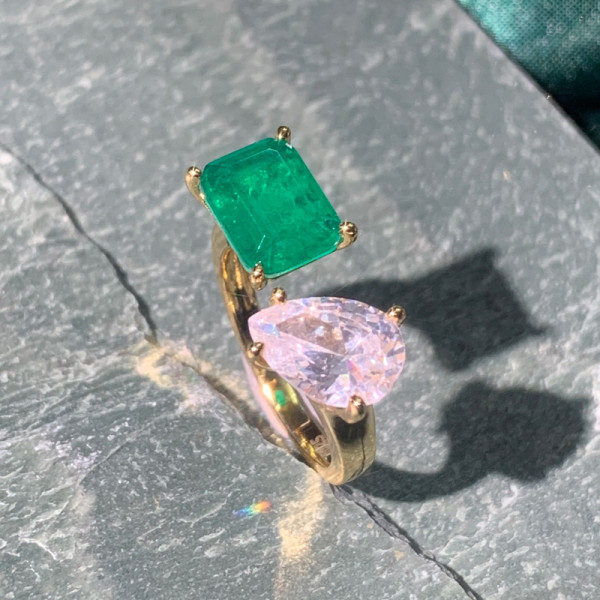 5ct Pear and Emerald Cut Asymmetric Toi Et Moi Promise Ring