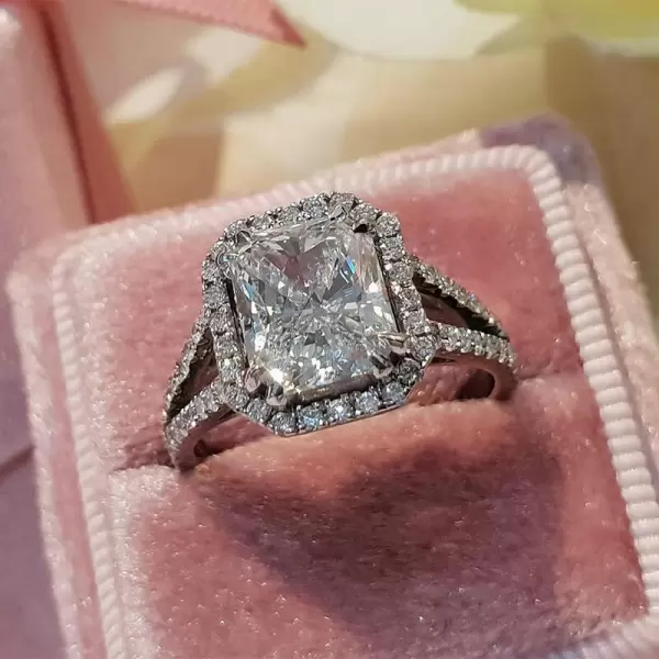 Radiant Cut Halo Double Shank White Sapphire 3 Carat Engagement Ring