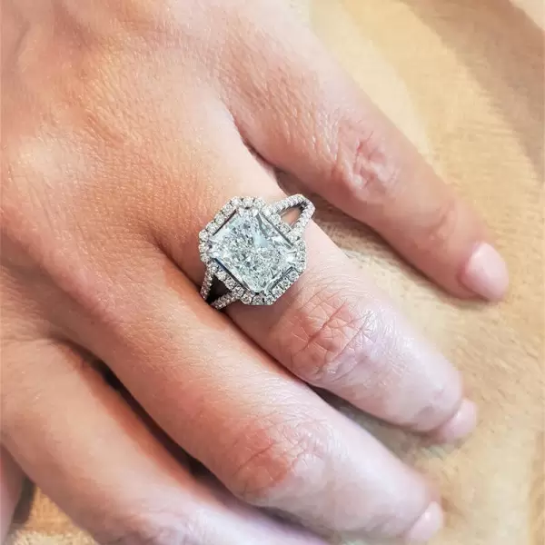 Radiant Cut Halo Double Shank White Sapphire 3 Carat Engagement Ring