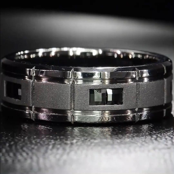 Princess Cut Black Sapphire Men's Ring in Black Plating