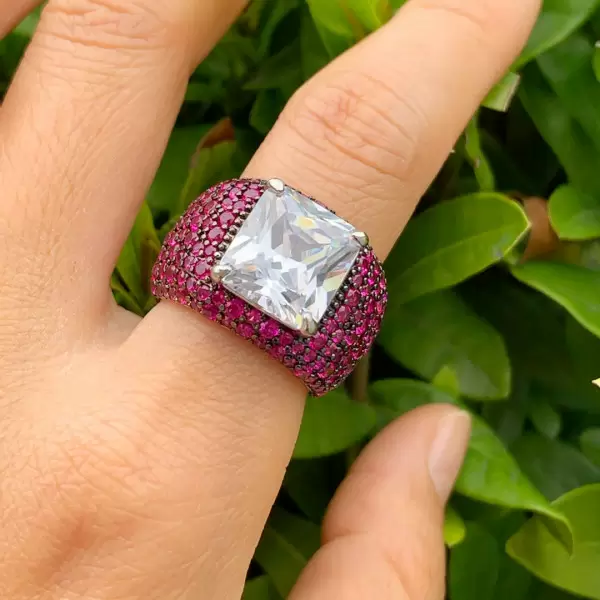 6.5ct Radiant Cut White Sapphire Bold Paved Ring