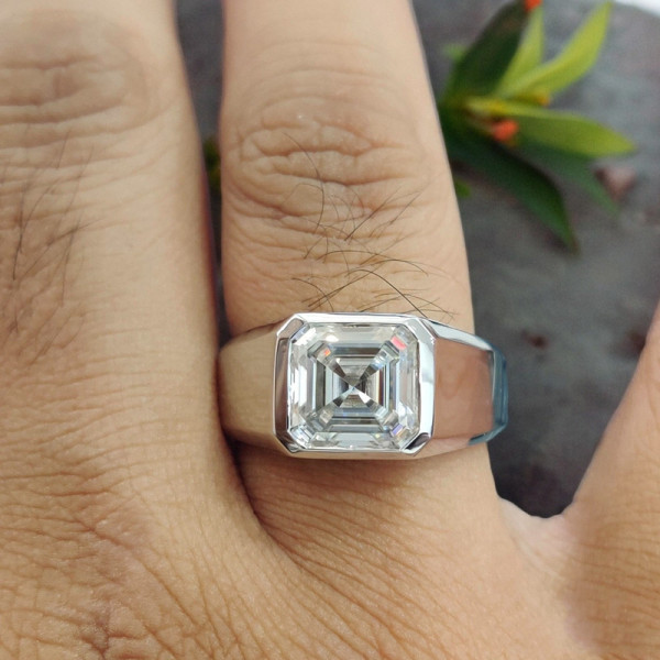 4ct Asscher Cut White Sapphire Men's Signet Ring