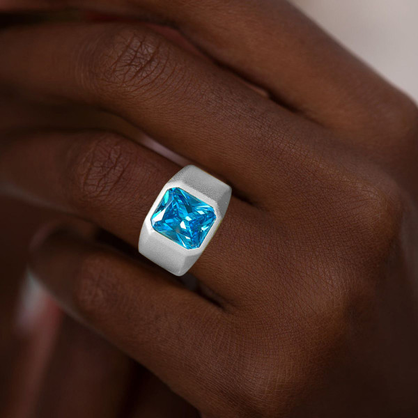 6.8ct Radiant Cut Blue Zircon Sandblasted Men's Ring