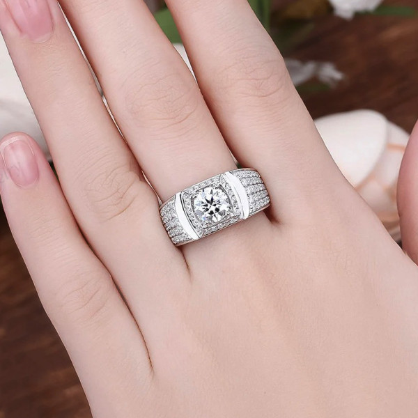 2ct Round Cut White Sapphire Paved Men's Ring