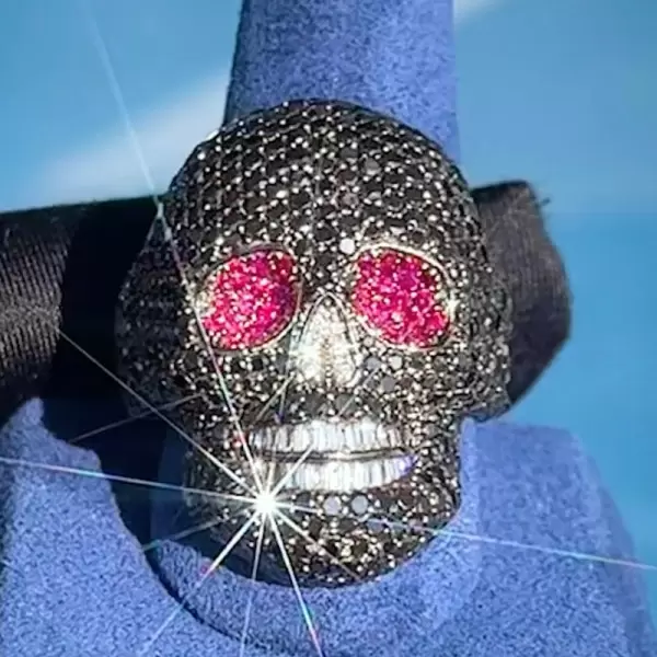 Ruby and Black Sapphire Paved Skull Ring
