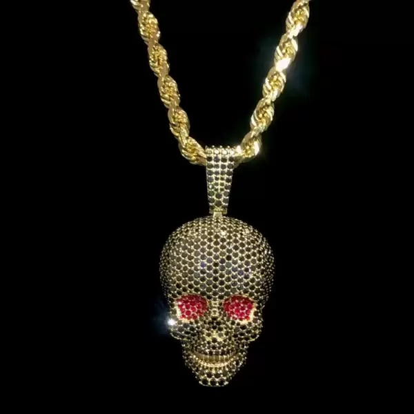 Ruby and Black Sapphire Paved Skull Pendant Necklace