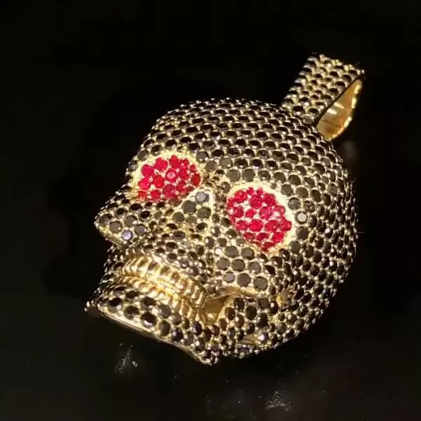 Ruby and Black Sapphire Paved Skull Pendant Necklace