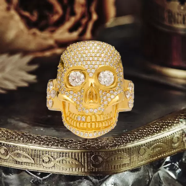 6ctw White Sapphire Paved Gold Tone Skull Ring