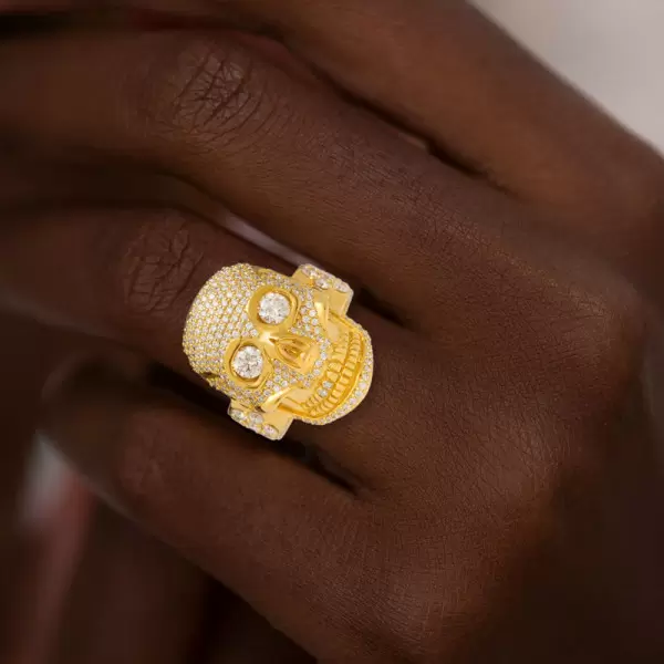 6ctw White Sapphire Paved Gold Tone Skull Ring