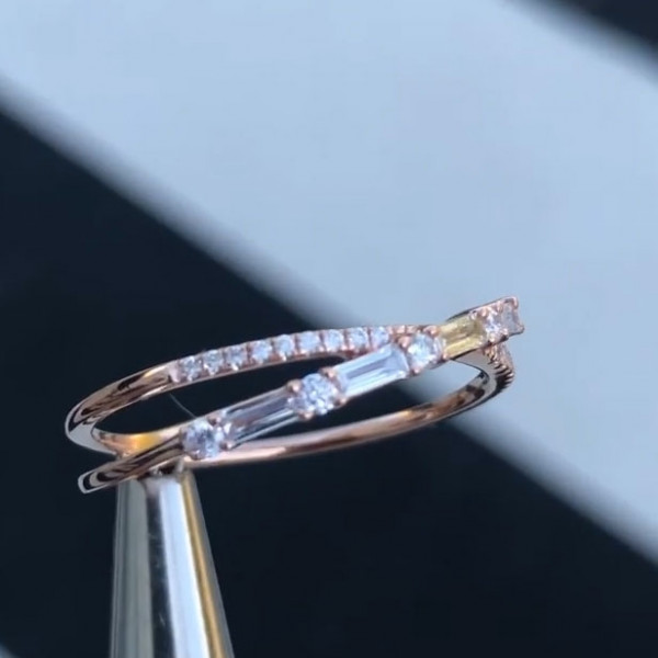 Fashion Criss Cross Baguette & Round Diamond Anniversary Band in Rose Gold Tone