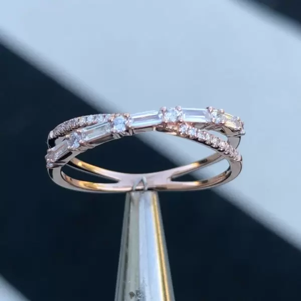 Fashion Criss Cross Baguette & Round Diamond Anniversary Band in Rose Gold Tone