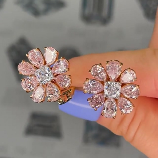 10ctw Pear Cut Pink Sapphire Flower Stud in Rose Gold