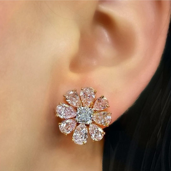 10ctw Pear Cut Pink Sapphire Flower Stud in Rose Gold
